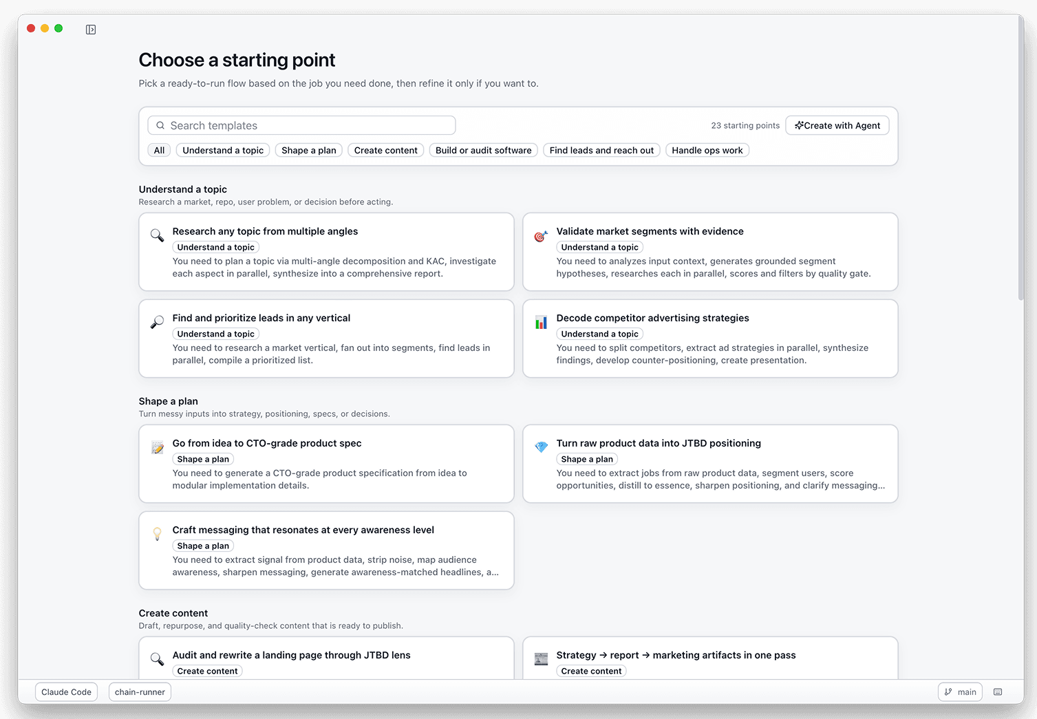 c8c template hub showing ready-to-run flows organized by job and installable into the desktop app