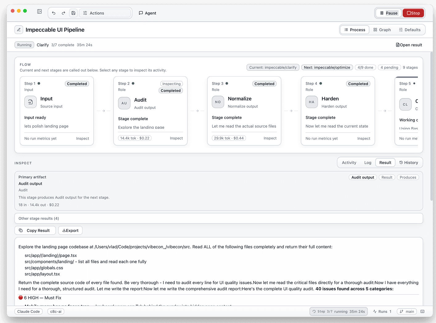 c8c workflow run showing staged artifacts, evaluator checks, approval gate, and inspectable runtime metrics