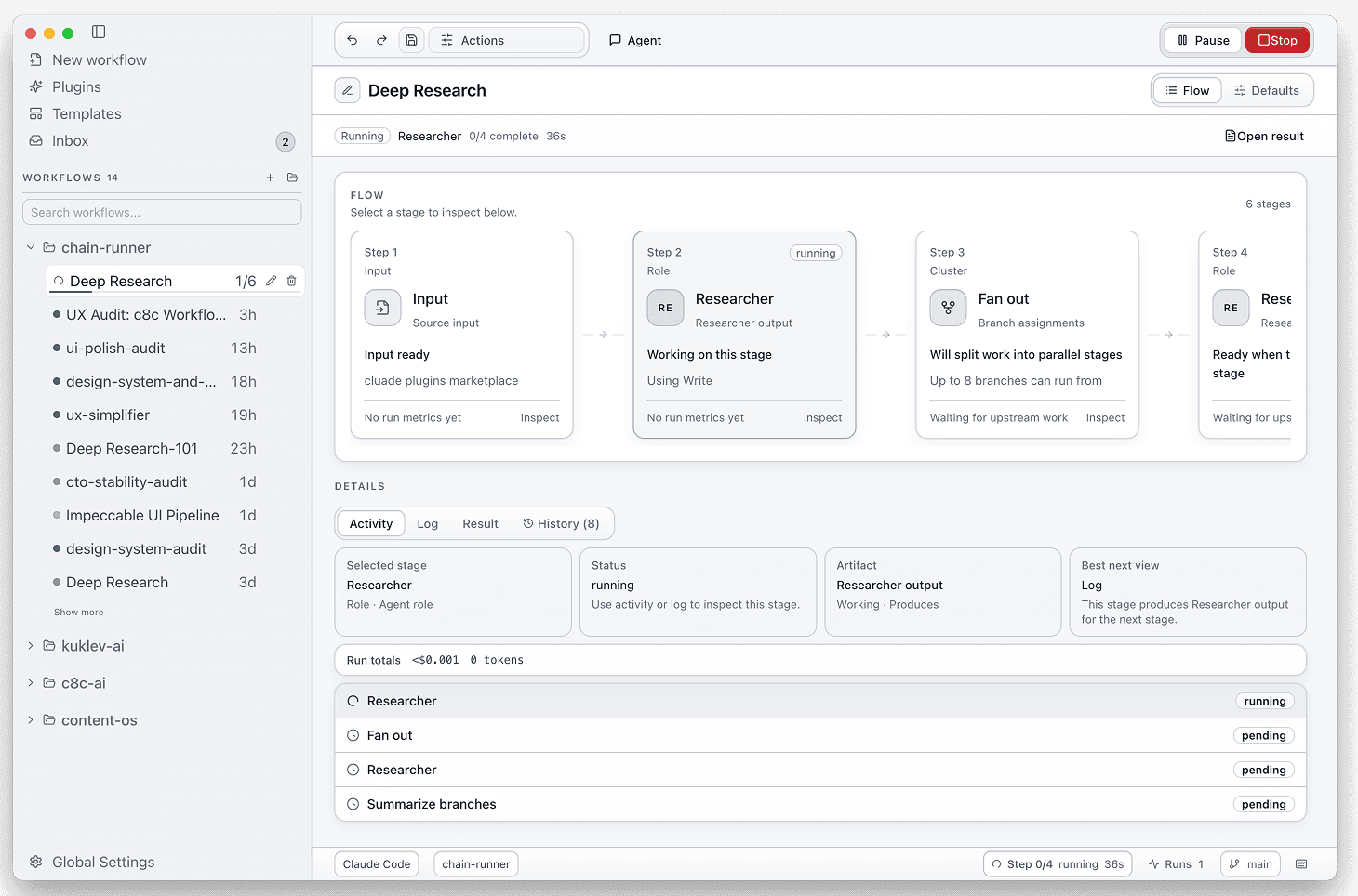 c8c desktop app showing a workflow run with visible stage state, evaluator retry, approval boundary, and result panel